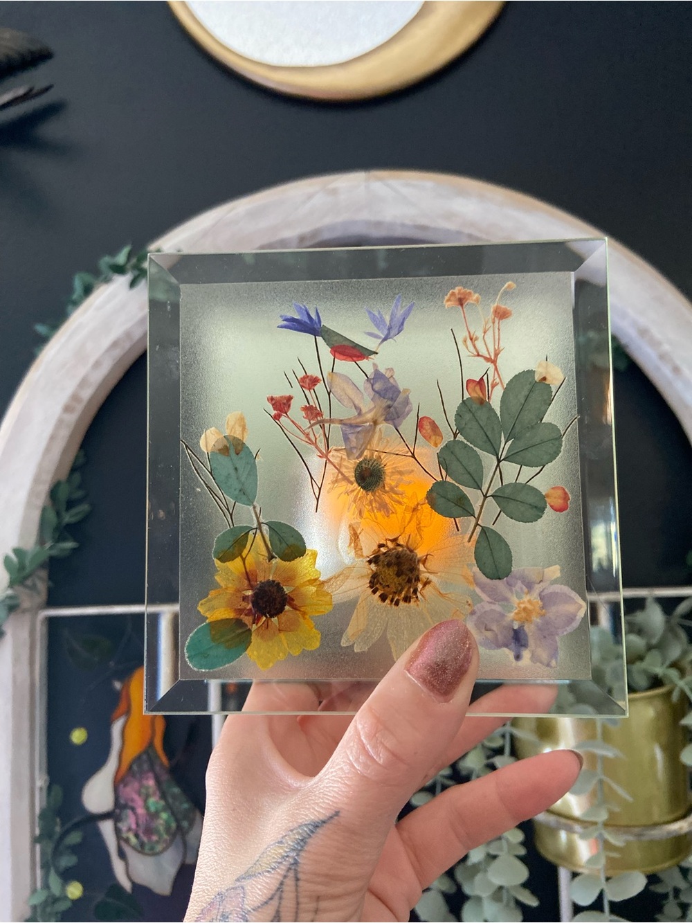 🌹Real Flower Beveled Glass Mirrored Pane Votive Candle Holder Decor Cottagecore